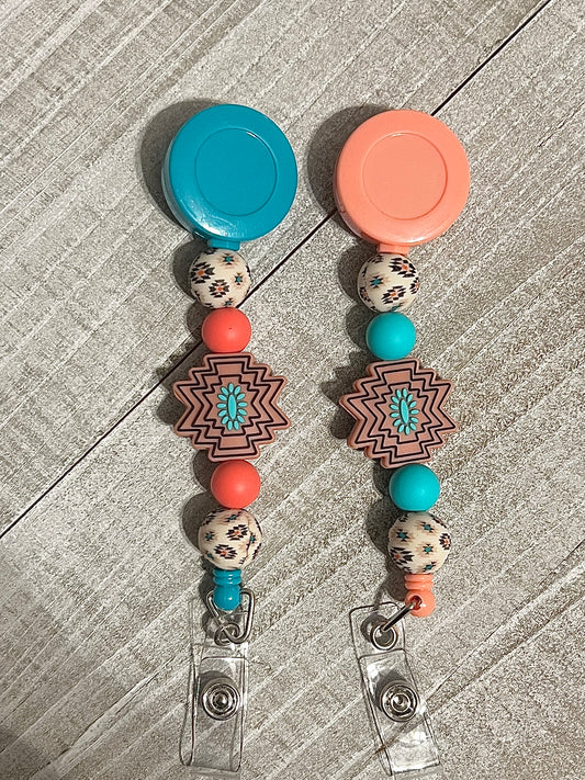 Cream Aztec Turquoise Stone Badge Reel