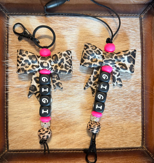 Custom Name Cheetah Bow Pink Keychain & Car Hanger Set