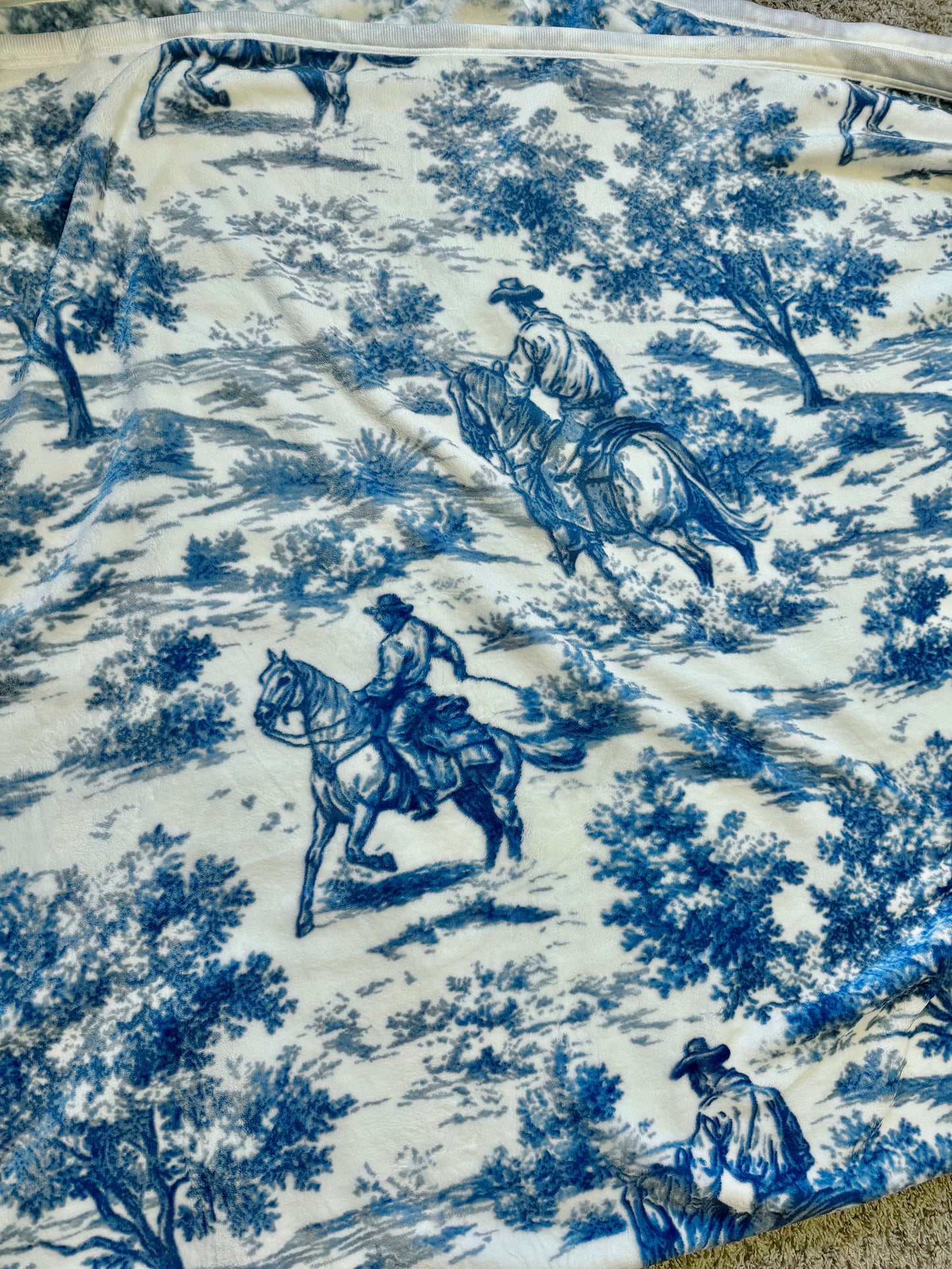 Blue Toile Western Cowboy King Size Super Plush Blanket