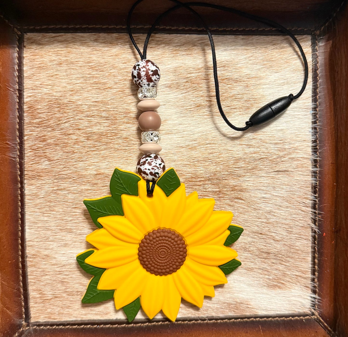 Brown Cowhide Sunflower Car Dangle