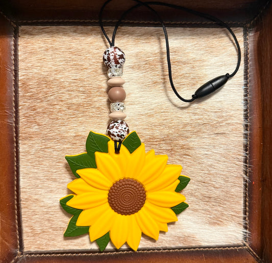 Brown Cowhide Sunflower Car Dangle