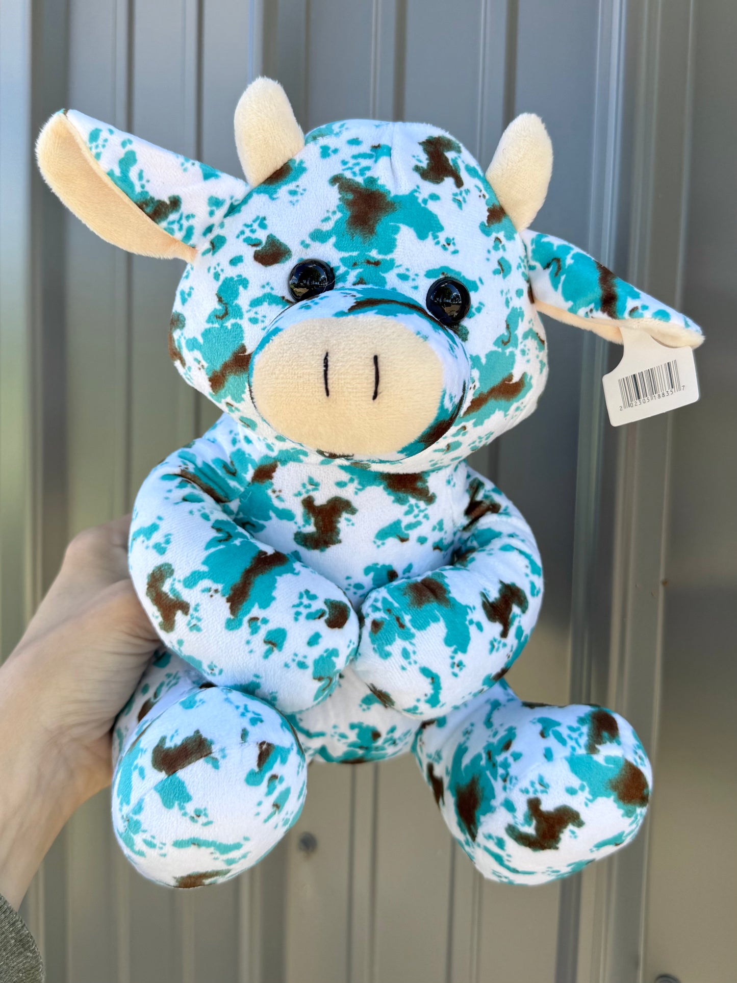 Turquoise and White Cowhide Sitting  Cow Plushie