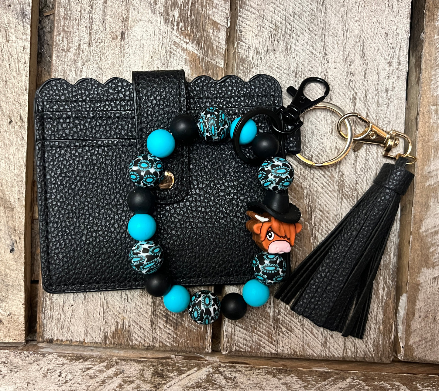 Western Turquoise Cowboy Highland Cow Wristlet and Wallet Bundle