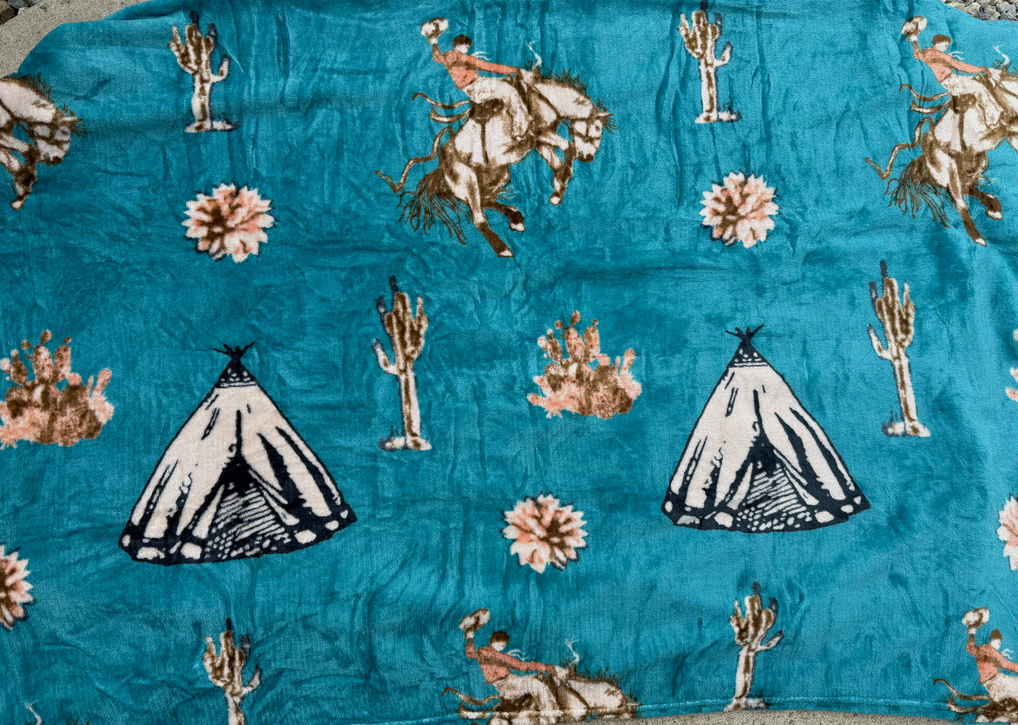 Twin Teal Cowboy Horse Cactus Thinner Style Blanket