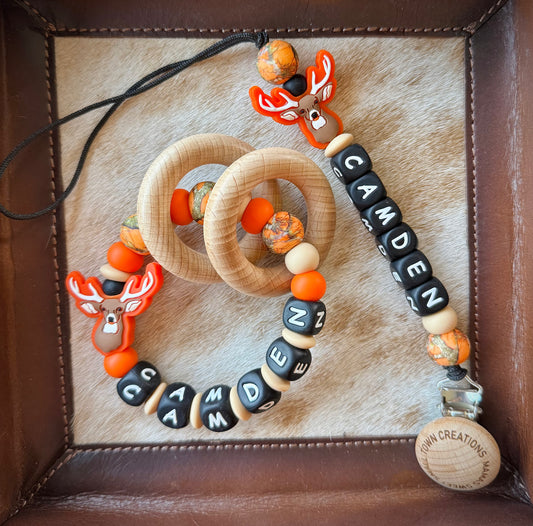 Orange Camo Deer Teether Set with Custom Name