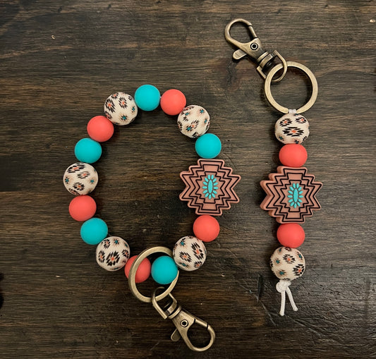 Cream Aztec Turquoise Stone Keychain Set