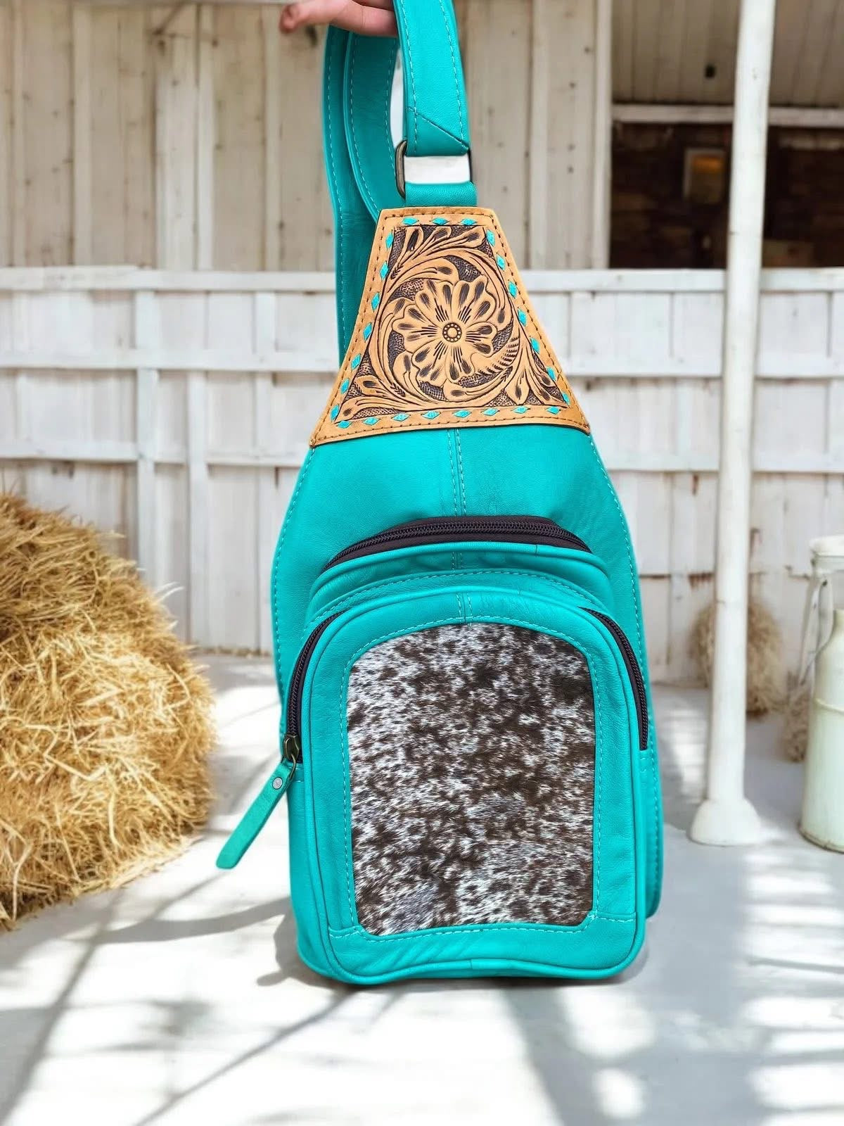 Turquoise Tooled Leather Cowhide Sling Bag