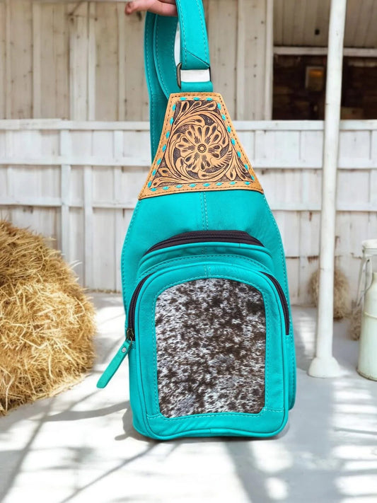 Turquoise Tooled Leather Cowhide Sling Bag