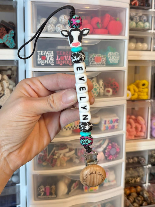 Pink / Turquoise Aztec Cow Custom Name Pacifier Holder
