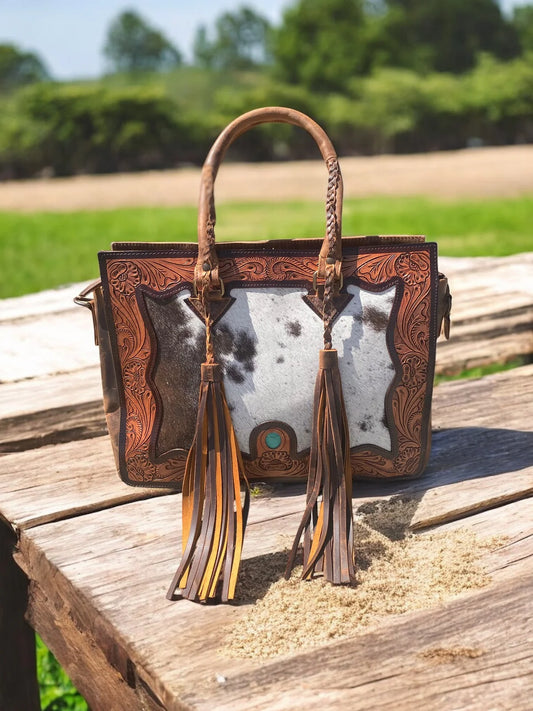 Cowhide Vintage Fringe Stone Purse