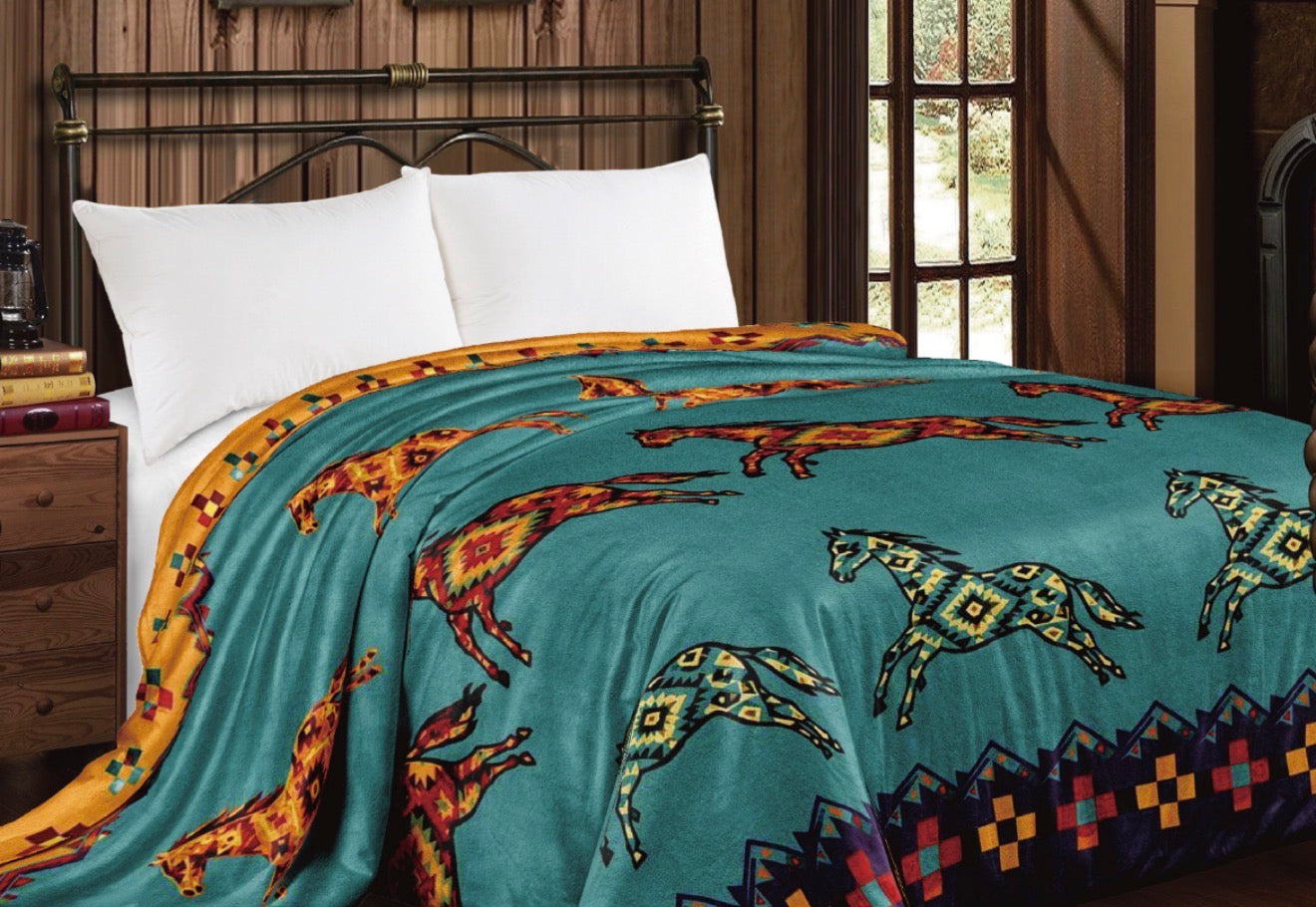 Turquoise Aztec Horses Super Plush King Blanket