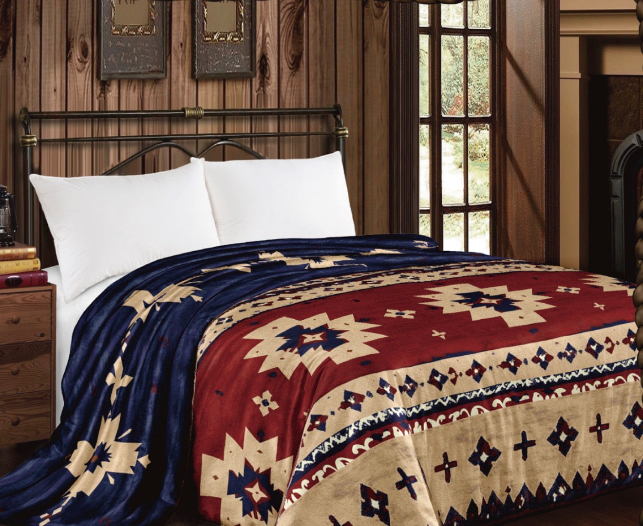 Navy Burgundy Aztec Super Plush King Blanket