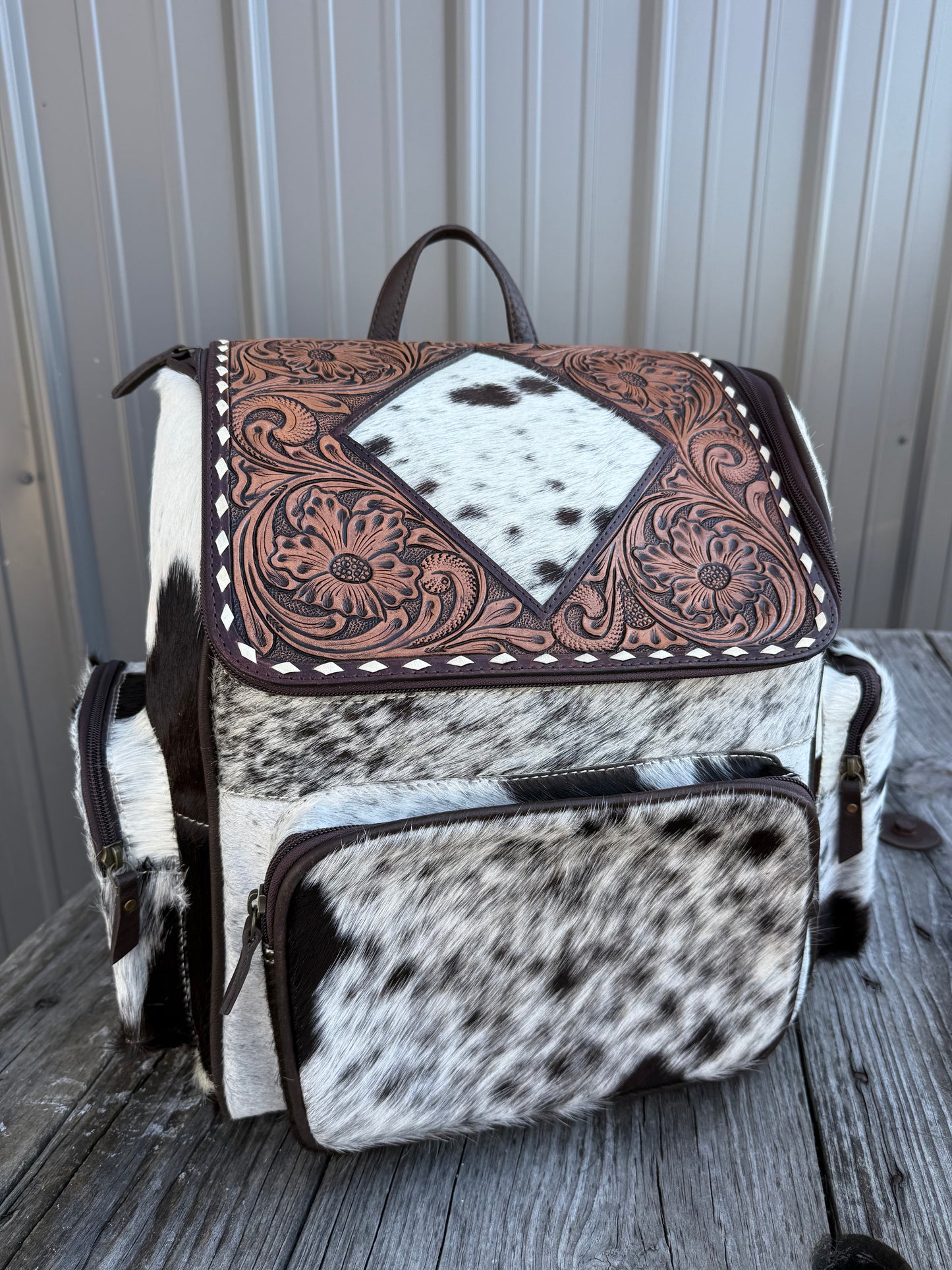 Tooled Leather Brown Speckled Cowhide Diamond Backpack / Diaper Bag