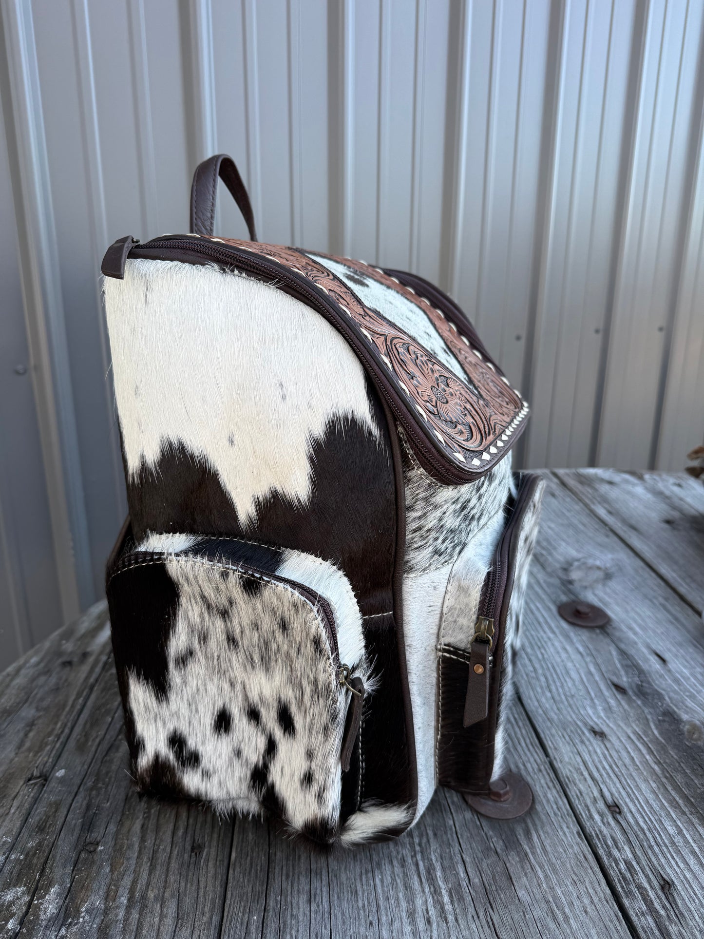 Tooled Leather Brown Speckled Cowhide Diamond Backpack / Diaper Bag