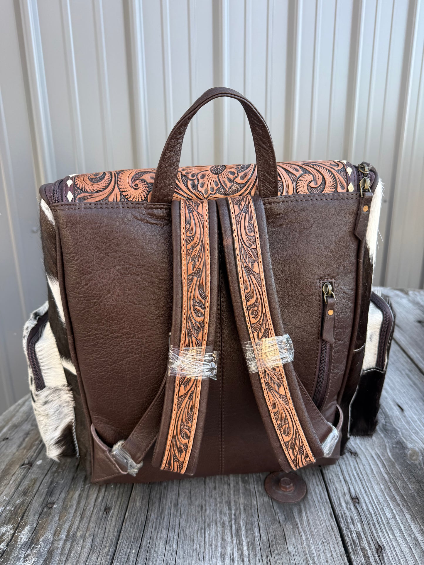 Tooled Leather Brown Speckled Cowhide Diamond Backpack / Diaper Bag