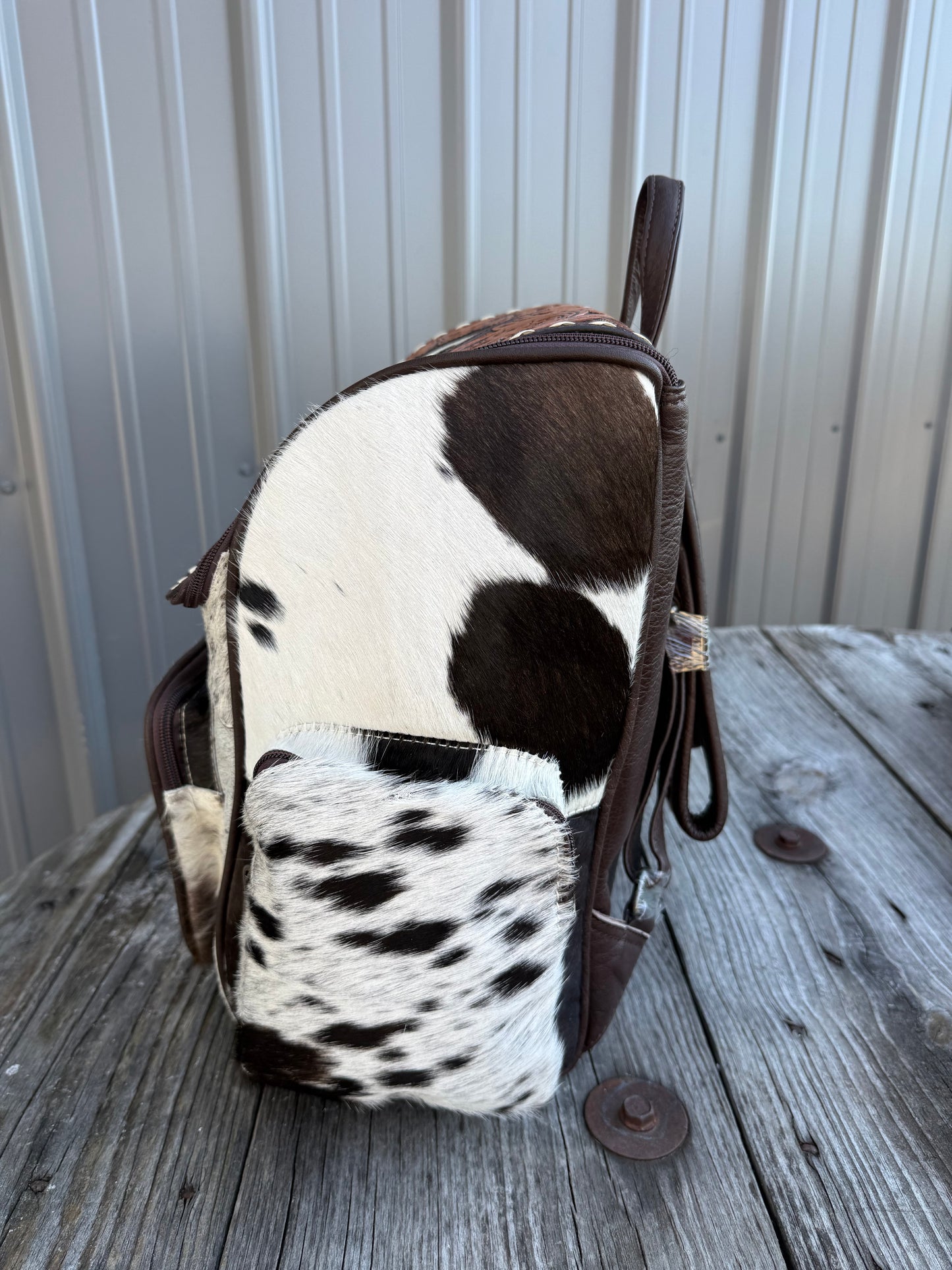 Tooled Leather Brown Speckled Cowhide Diamond Backpack / Diaper Bag