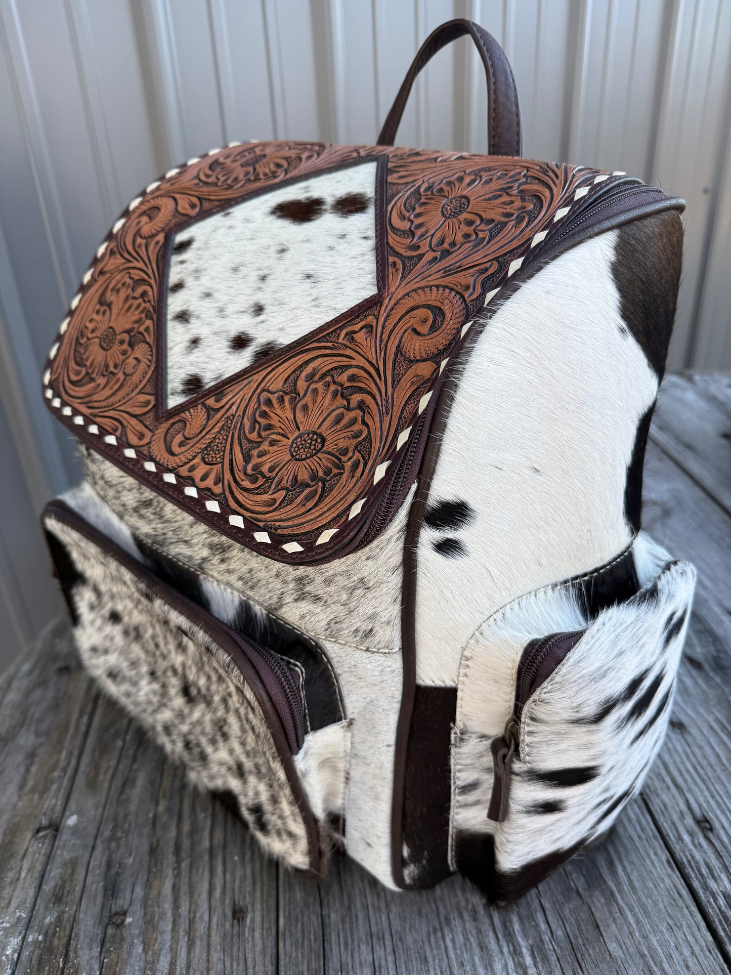 Tooled Leather Brown Speckled Cowhide Diamond Backpack / Diaper Bag