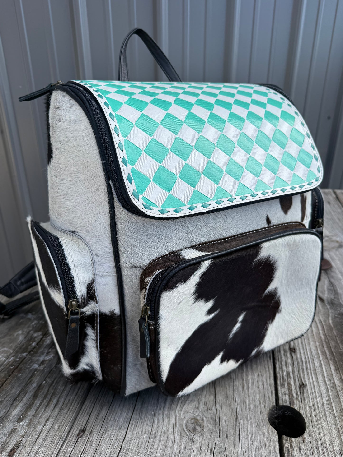 Turquoise Checkered Leather Black Cowhide Backpack / Diaper Bag
