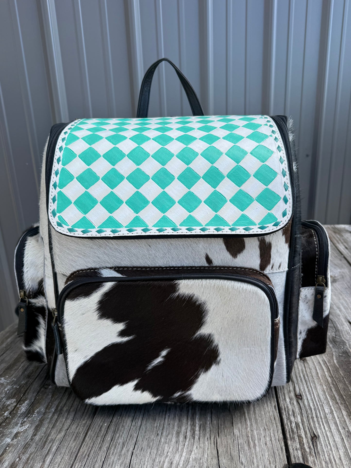 Turquoise Checkered Leather Black Cowhide Backpack / Diaper Bag