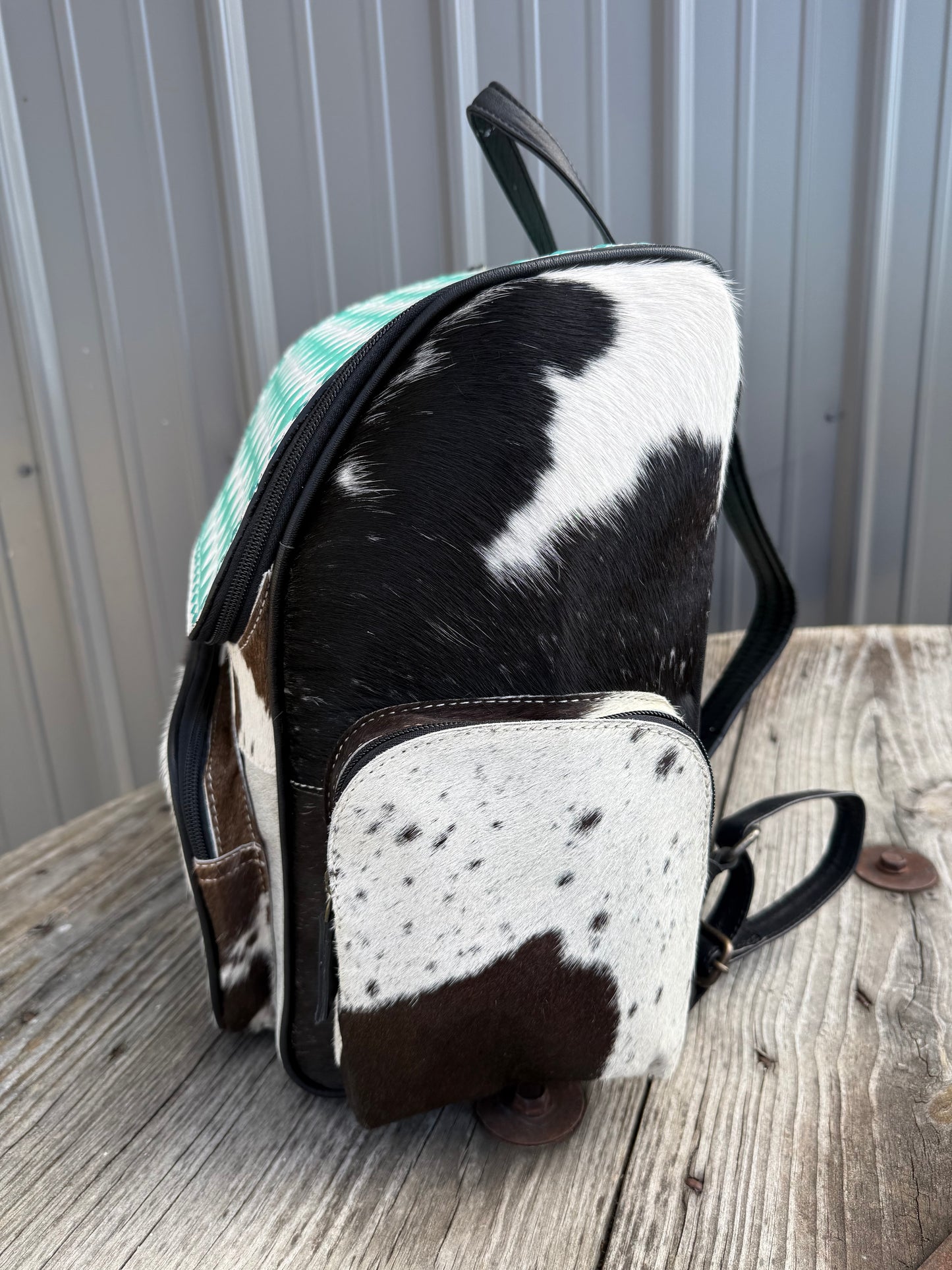 Turquoise Checkered Leather Black Cowhide Backpack / Diaper Bag