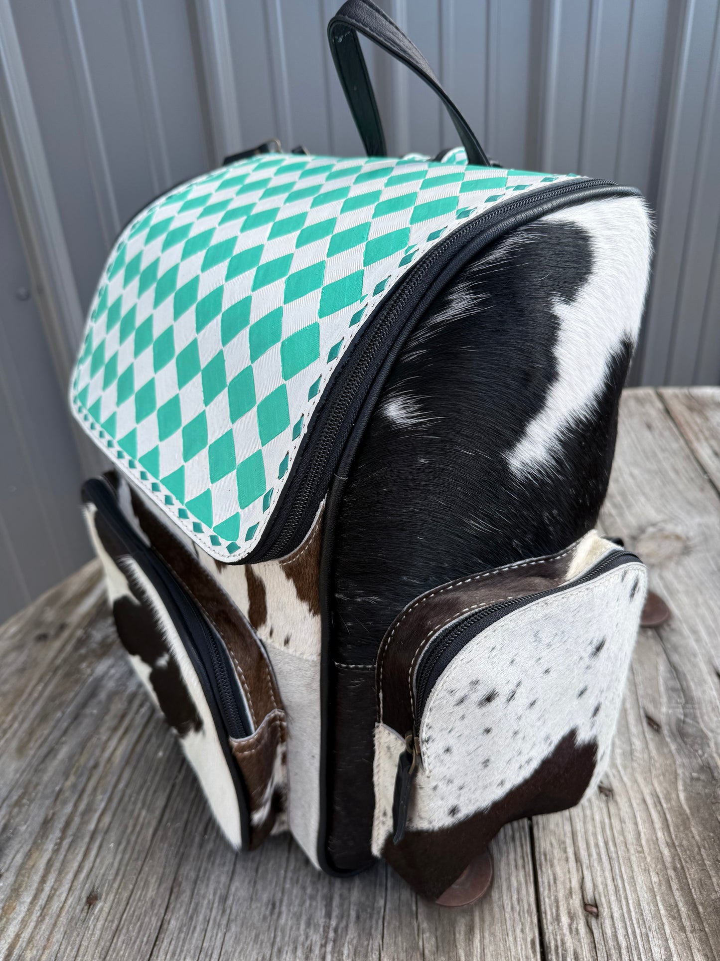 Turquoise Checkered Leather Black Cowhide Backpack / Diaper Bag