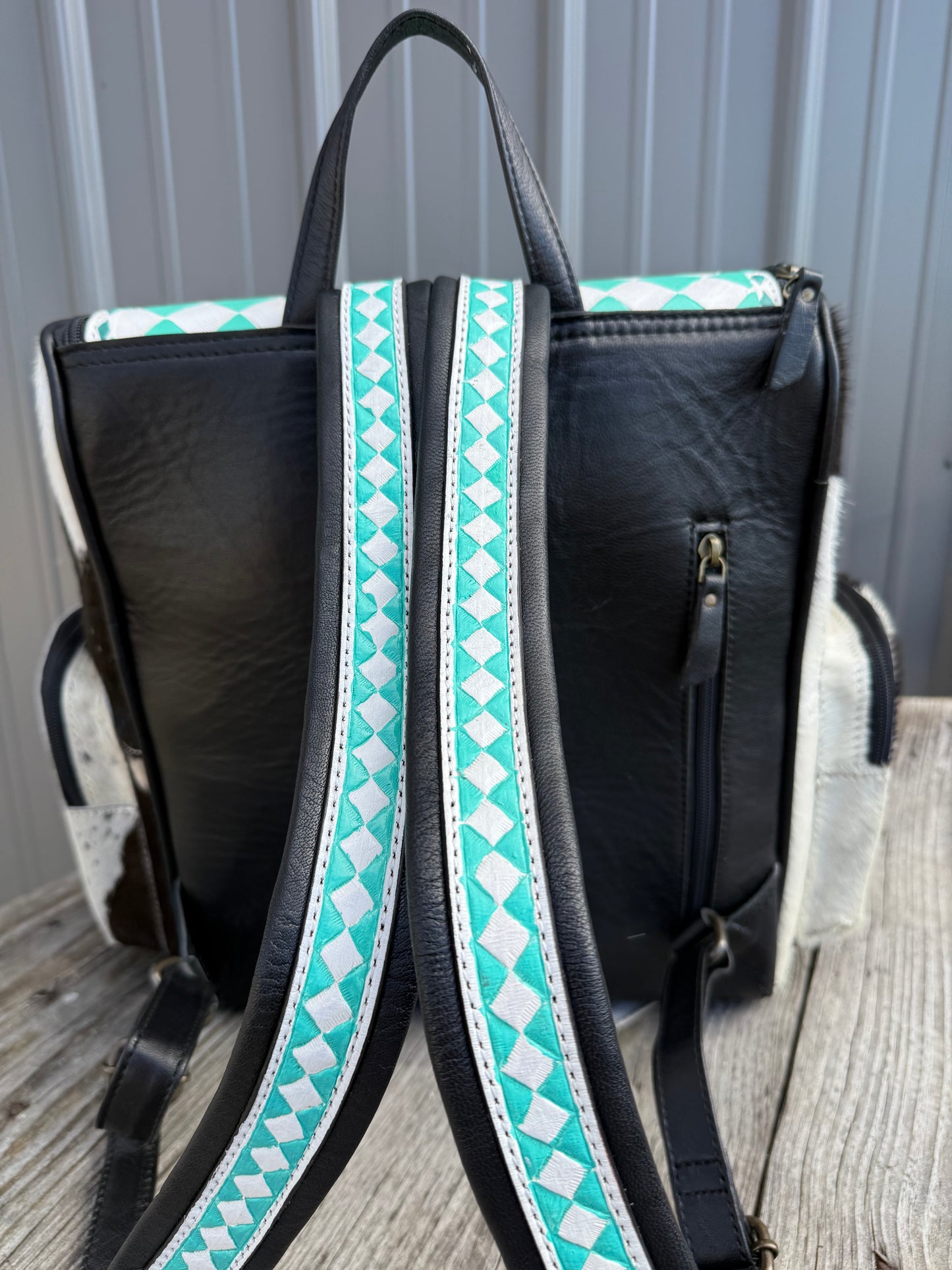 Turquoise Checkered Leather Black Cowhide Backpack / Diaper Bag