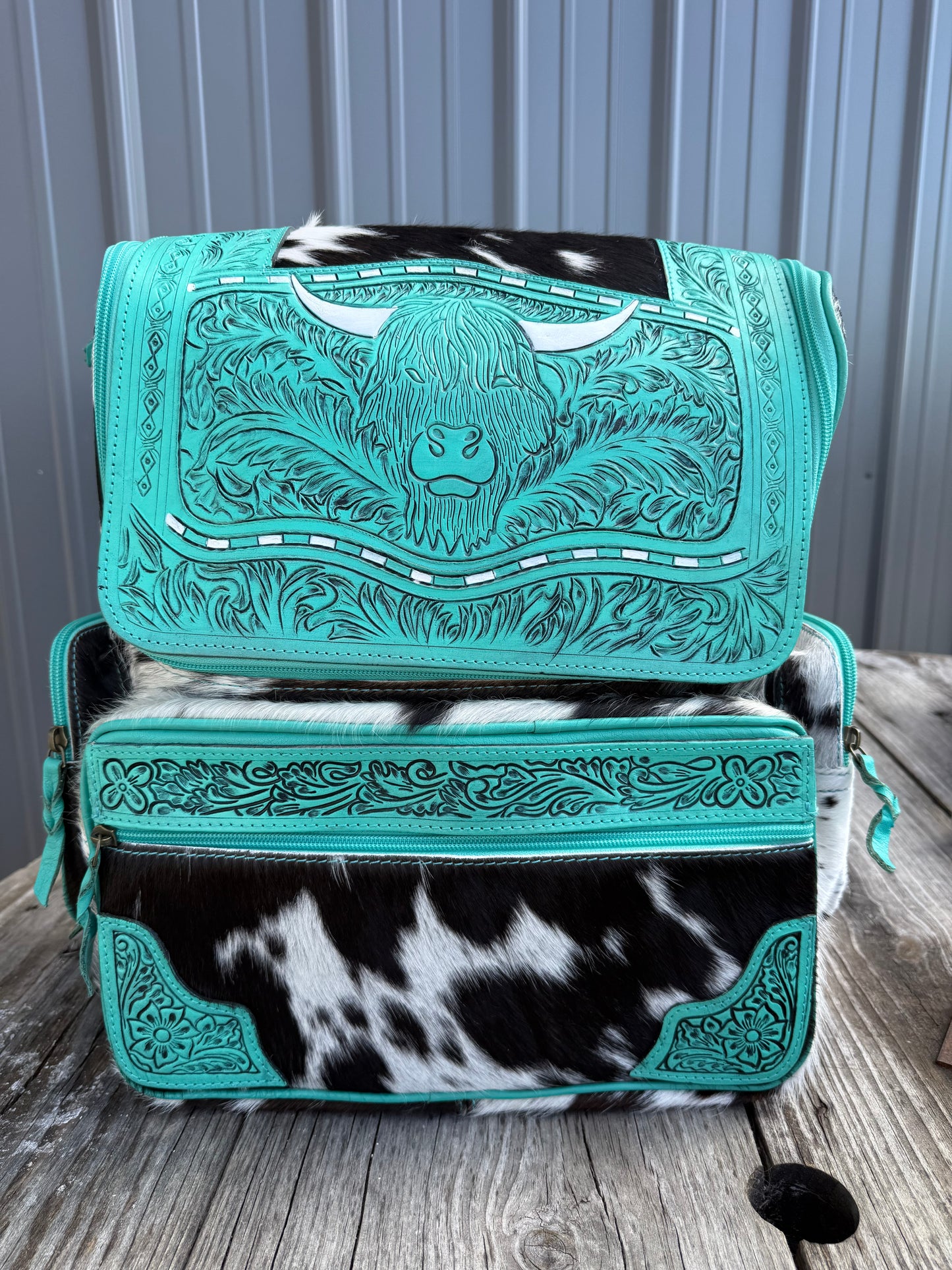 Turquoise Highland Cow Tooled Leather Black Speckled Cowhide Backpack / Diaper Bag
