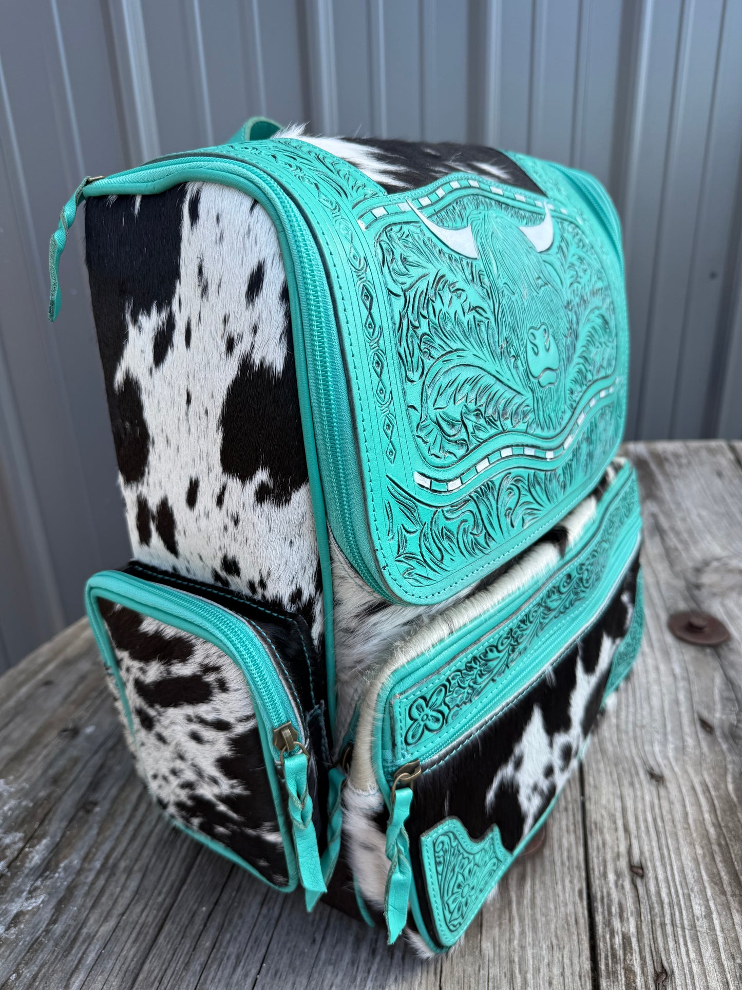 Turquoise Highland Cow Tooled Leather Black Speckled Cowhide Backpack / Diaper Bag