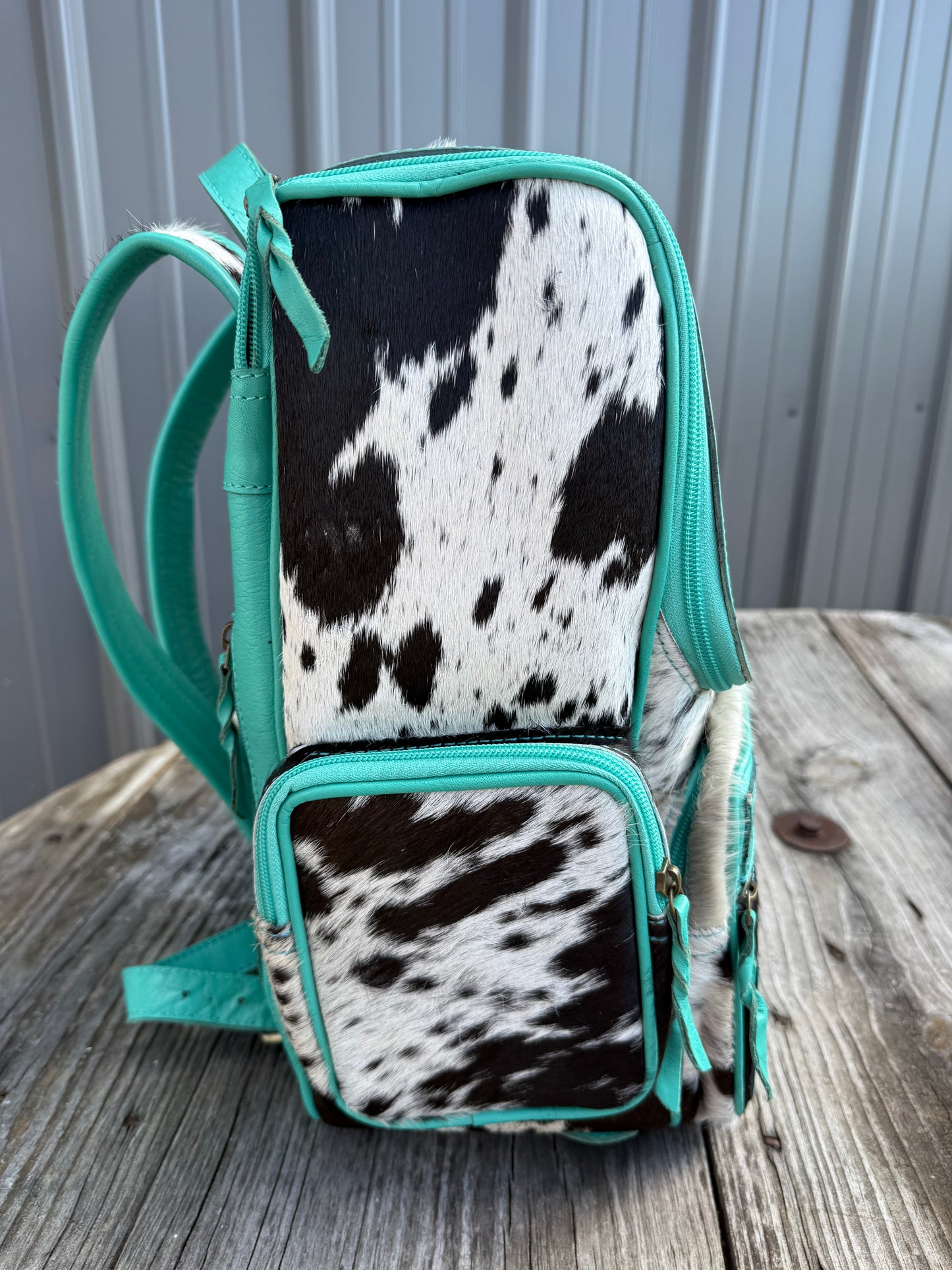 Turquoise Highland Cow Tooled Leather Black Speckled Cowhide Backpack / Diaper Bag