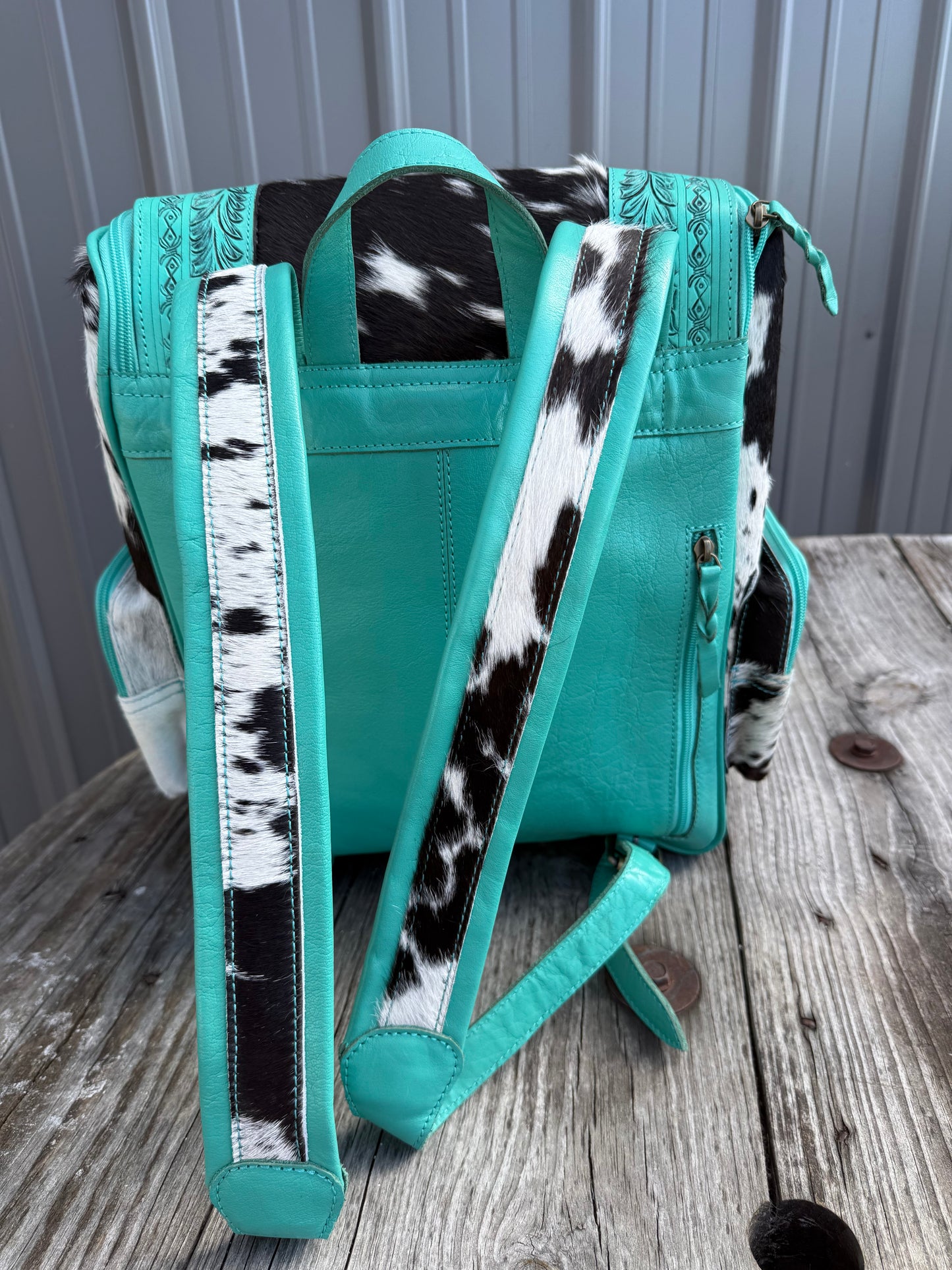 Turquoise Highland Cow Tooled Leather Black Speckled Cowhide Backpack / Diaper Bag