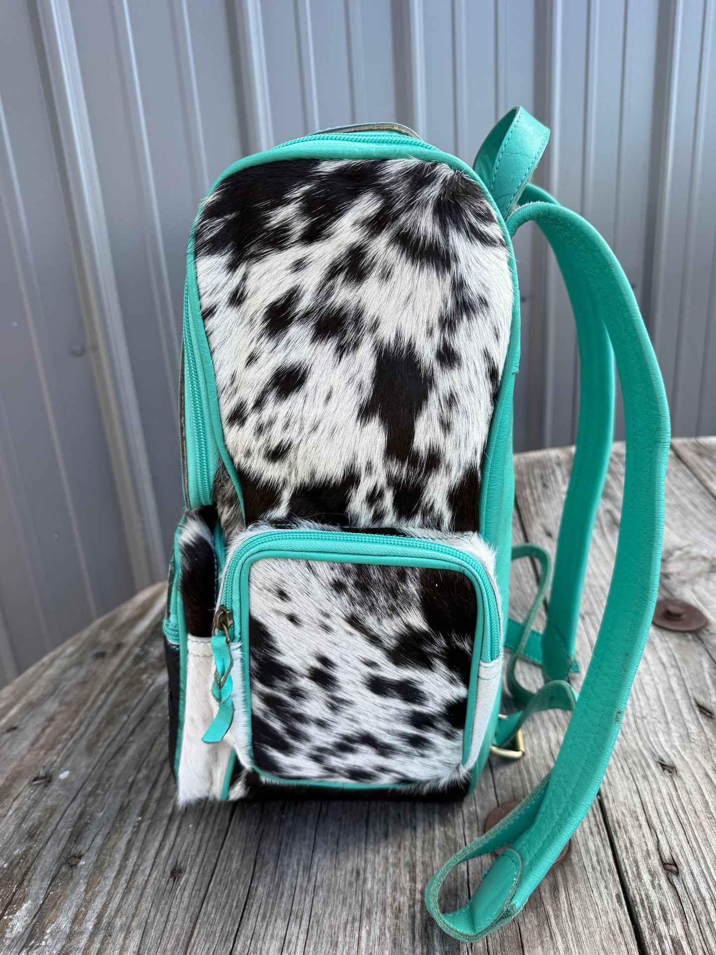 Turquoise Highland Cow Tooled Leather Black Speckled Cowhide Backpack / Diaper Bag