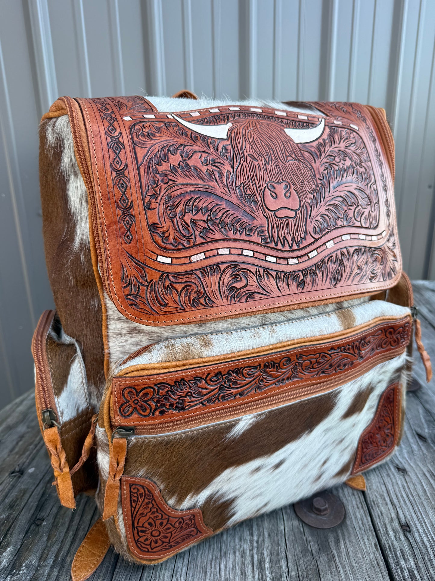 Highland Cow Tooled Leather Brown Cowhide Backpack / Diaper Bag
