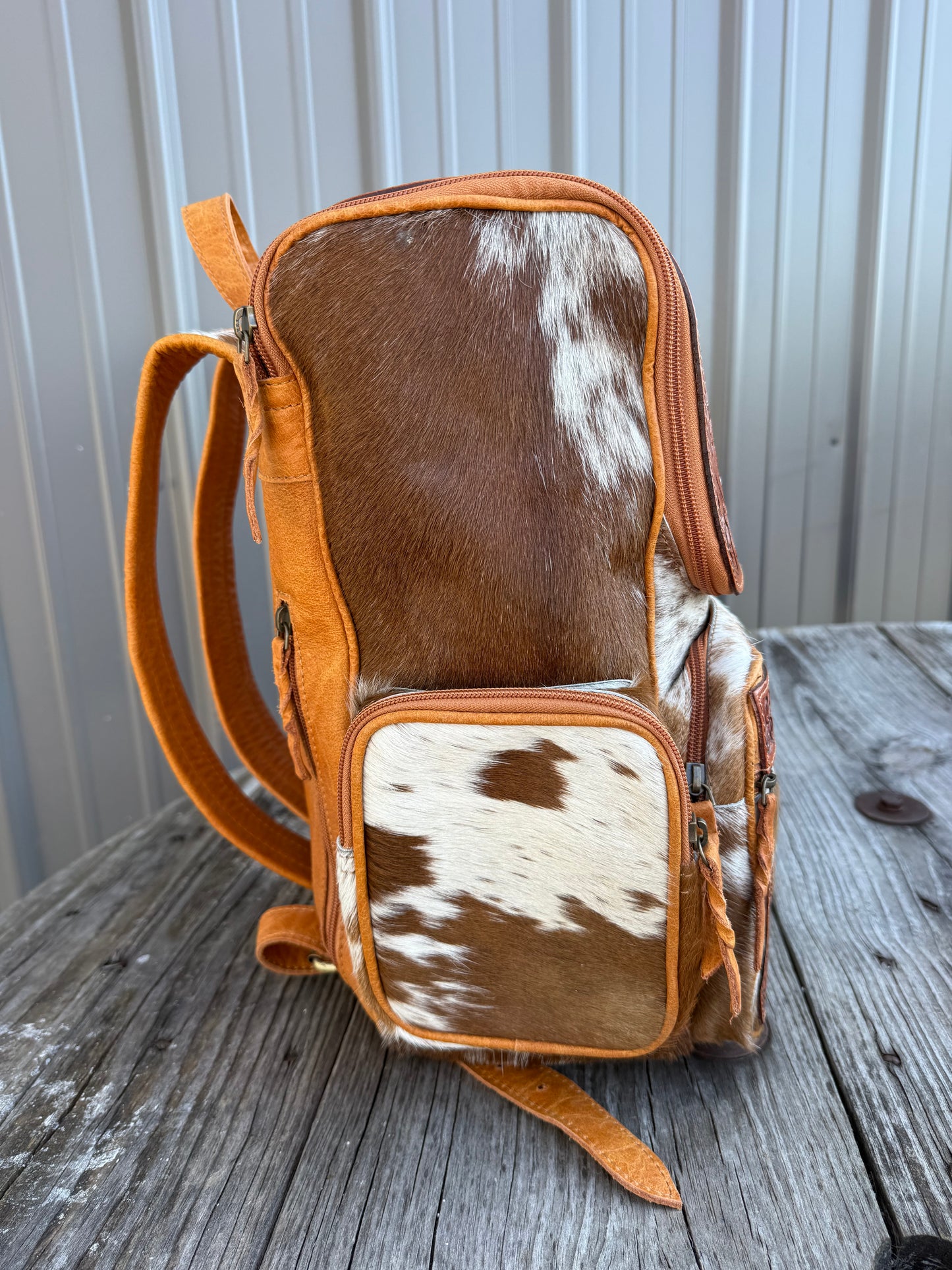 Highland Cow Tooled Leather Brown Cowhide Backpack / Diaper Bag