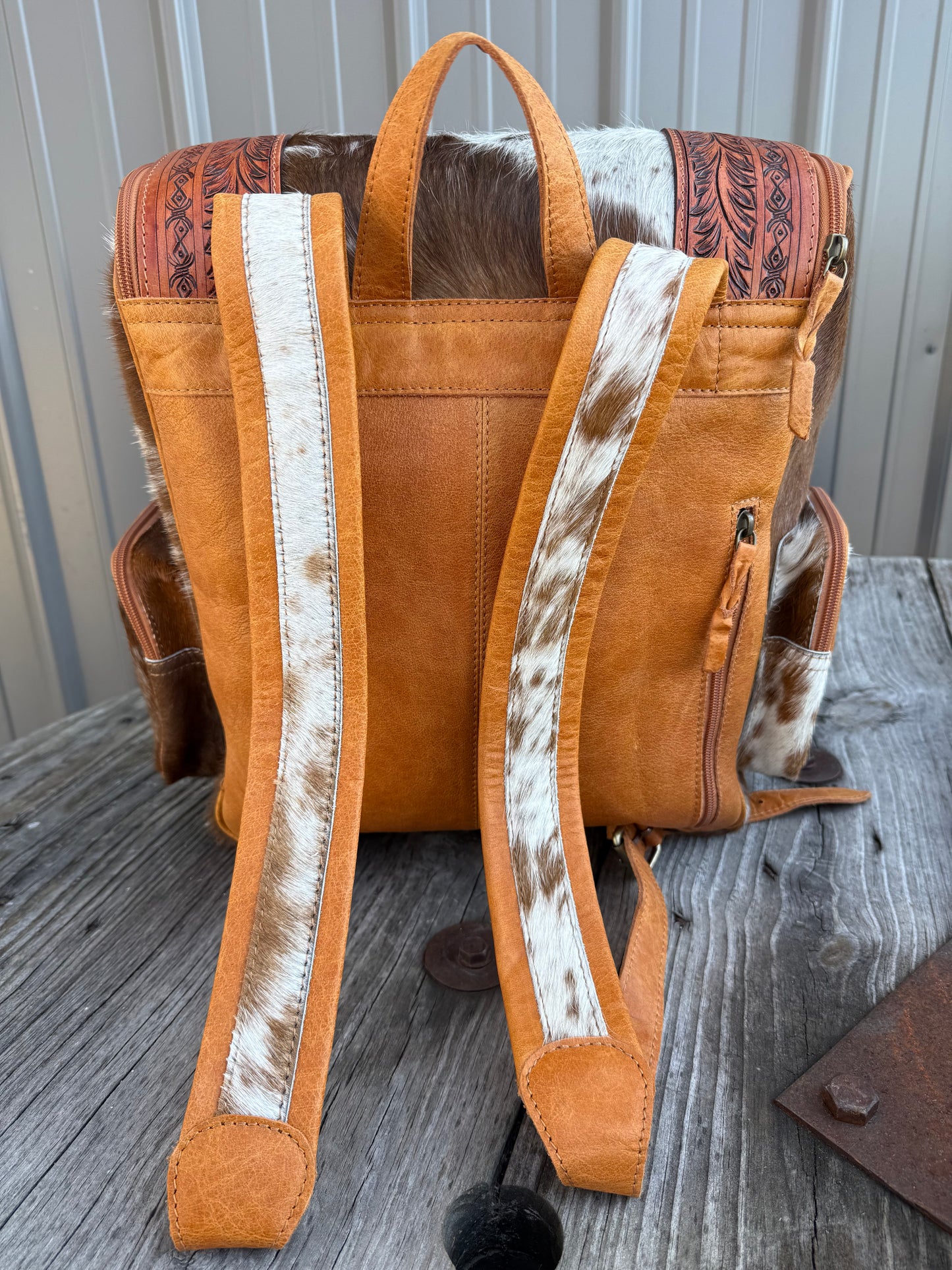 Highland Cow Tooled Leather Brown Cowhide Backpack / Diaper Bag