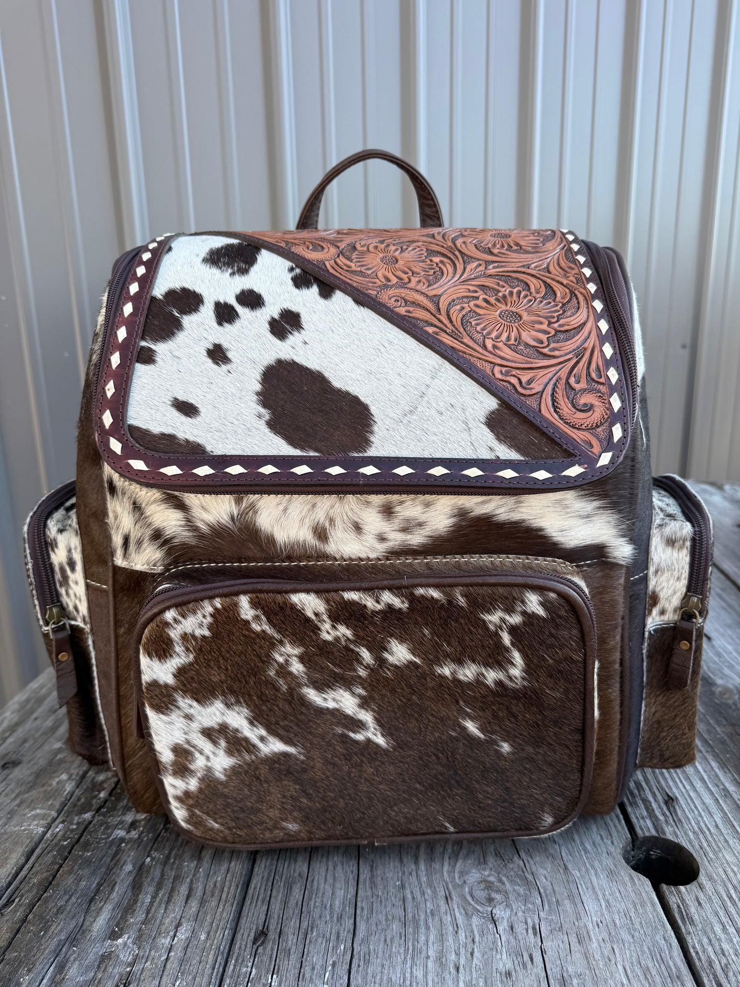 Tooled Leather Slant Dark Brown Cowhide Backpack / Diaper Bag