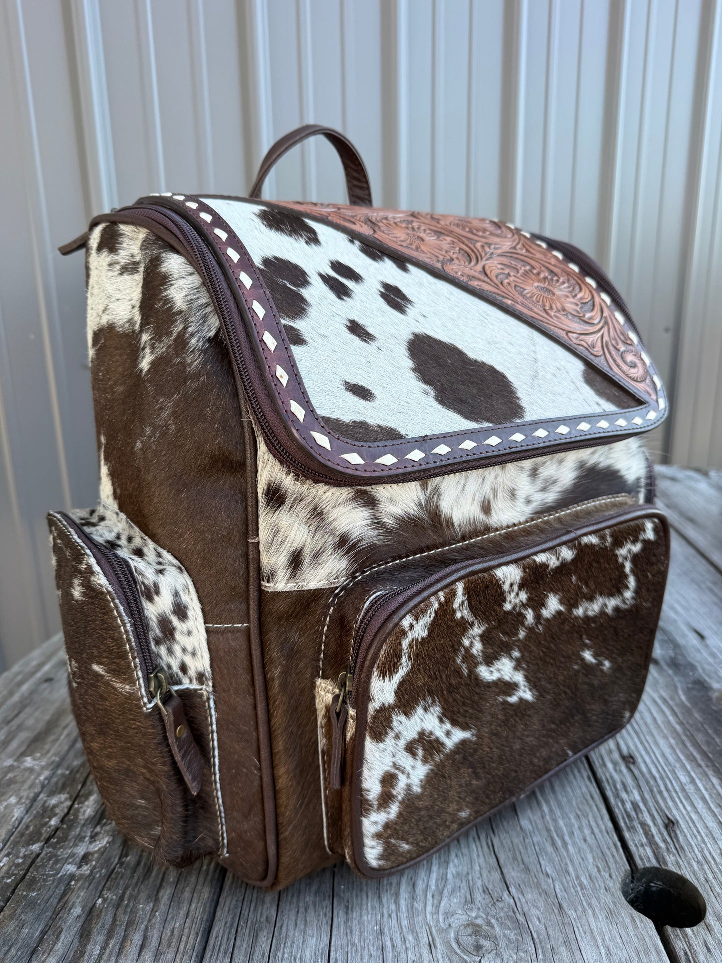 Tooled Leather Slant Dark Brown Cowhide Backpack / Diaper Bag