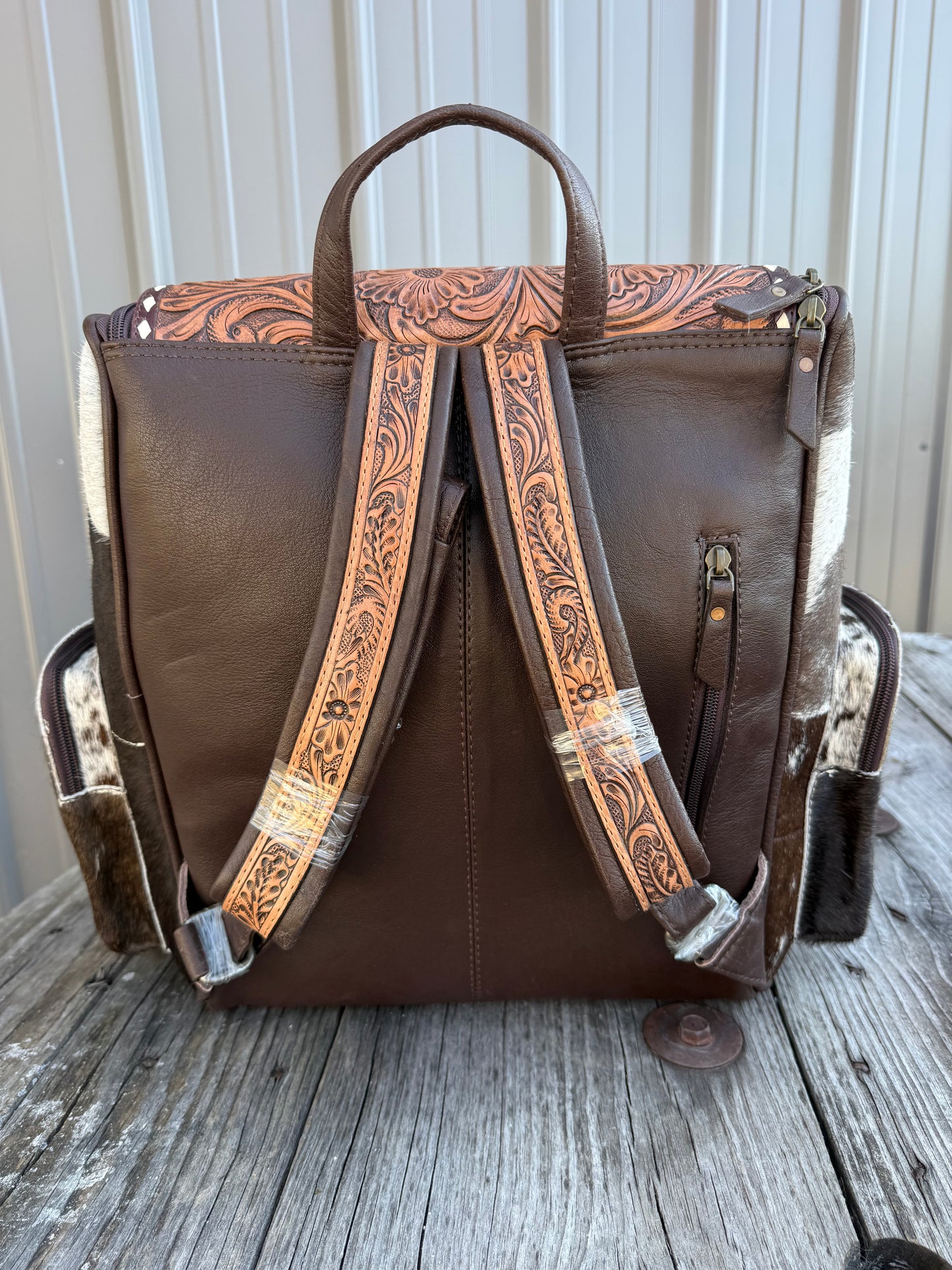 Tooled Leather Slant Dark Brown Cowhide Backpack / Diaper Bag