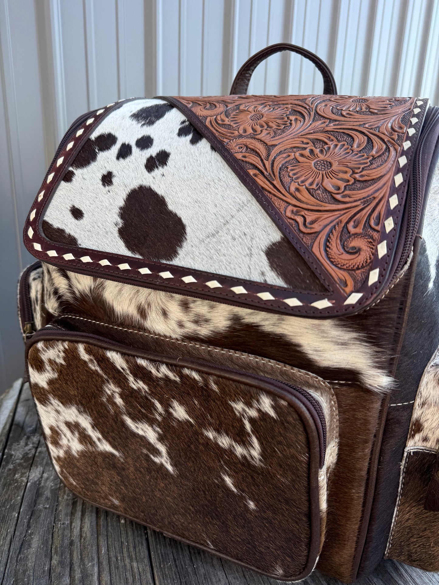 Tooled Leather Slant Dark Brown Cowhide Backpack / Diaper Bag