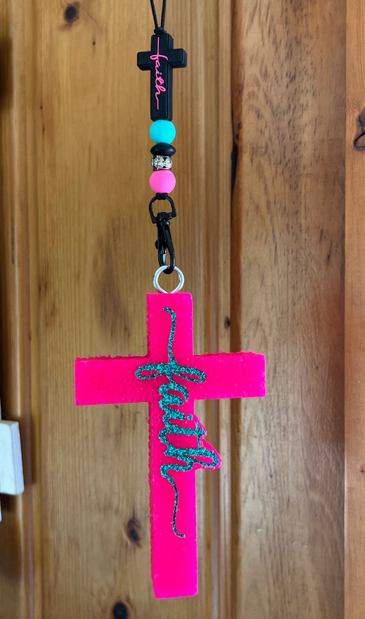 Pink Cross With Turquoise Writing