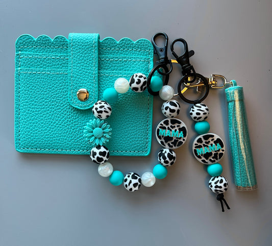 Pearl Turquoise Mama Cow Print Wallet Bundle