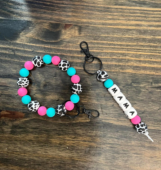 Black & White Cow Mama Keychain Set Turquoise and Pink