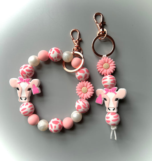 Pink Cow Flower Keychain Set