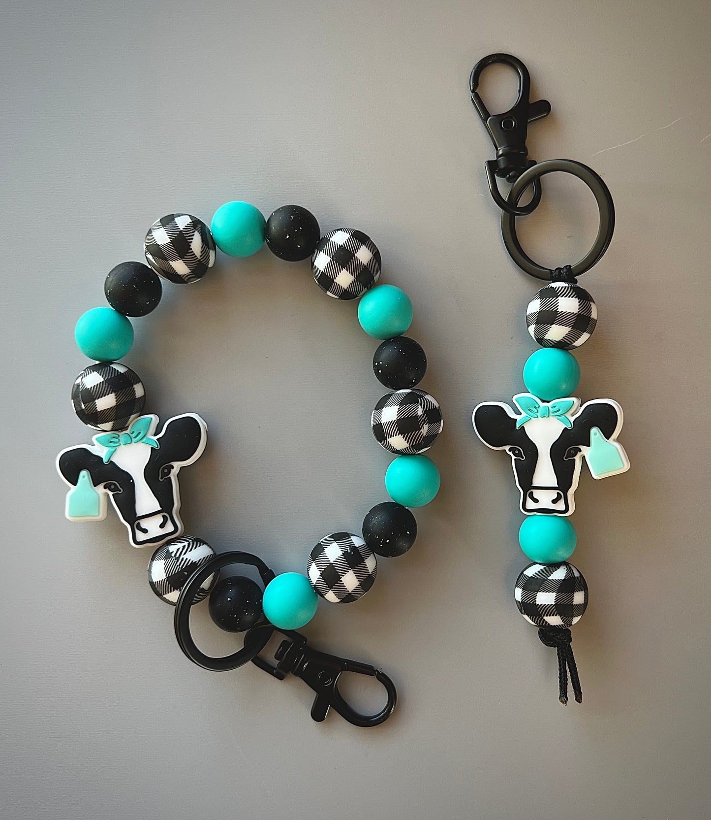 Black Cow Turquoise Tag Plaid Keychain Set