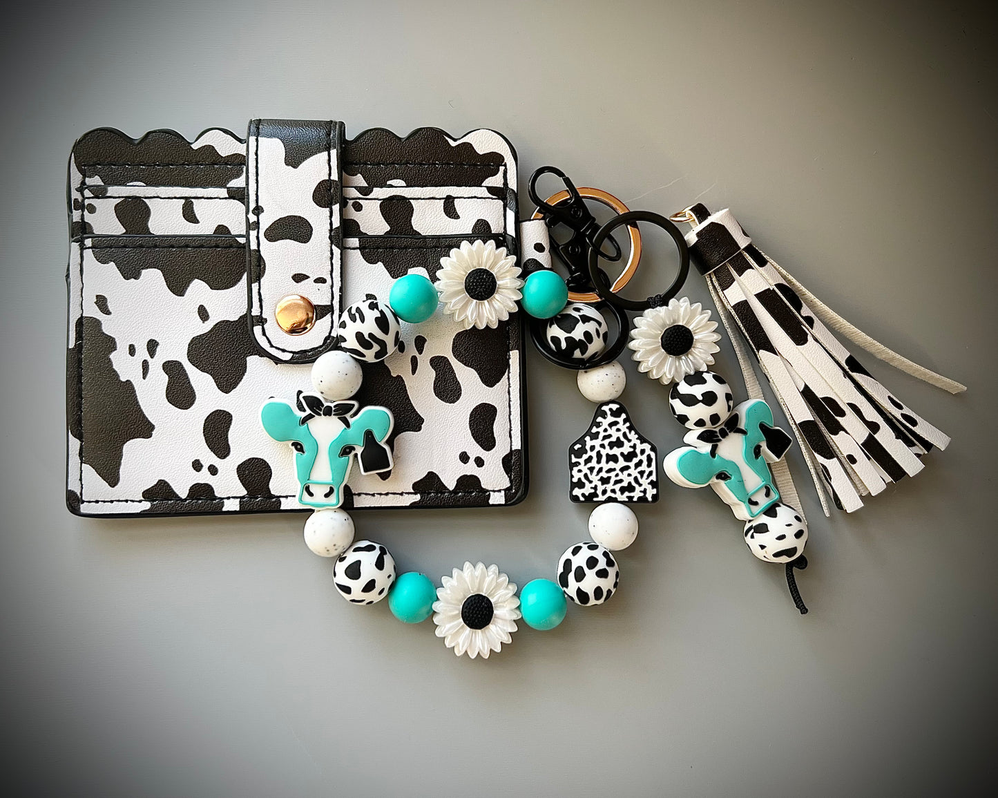 Turquoise Cow Black Ear Tag Wallet Bundle