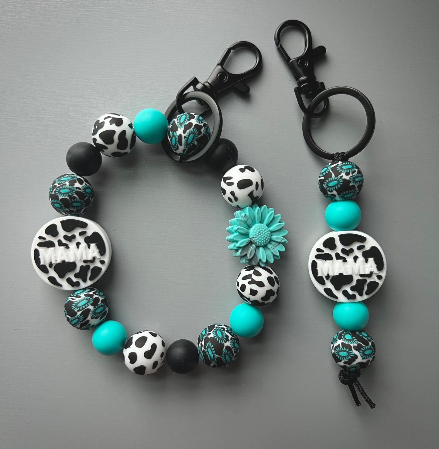 Western Turquoise Cow Print Mama Keychain Set