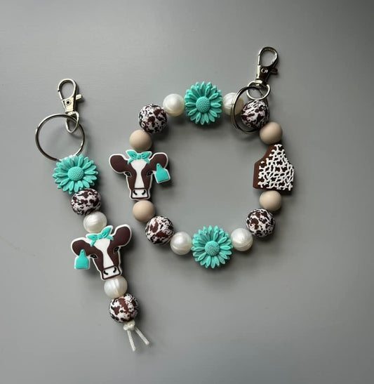 Brown Cow Turquoise Ear Tag Keychain Set