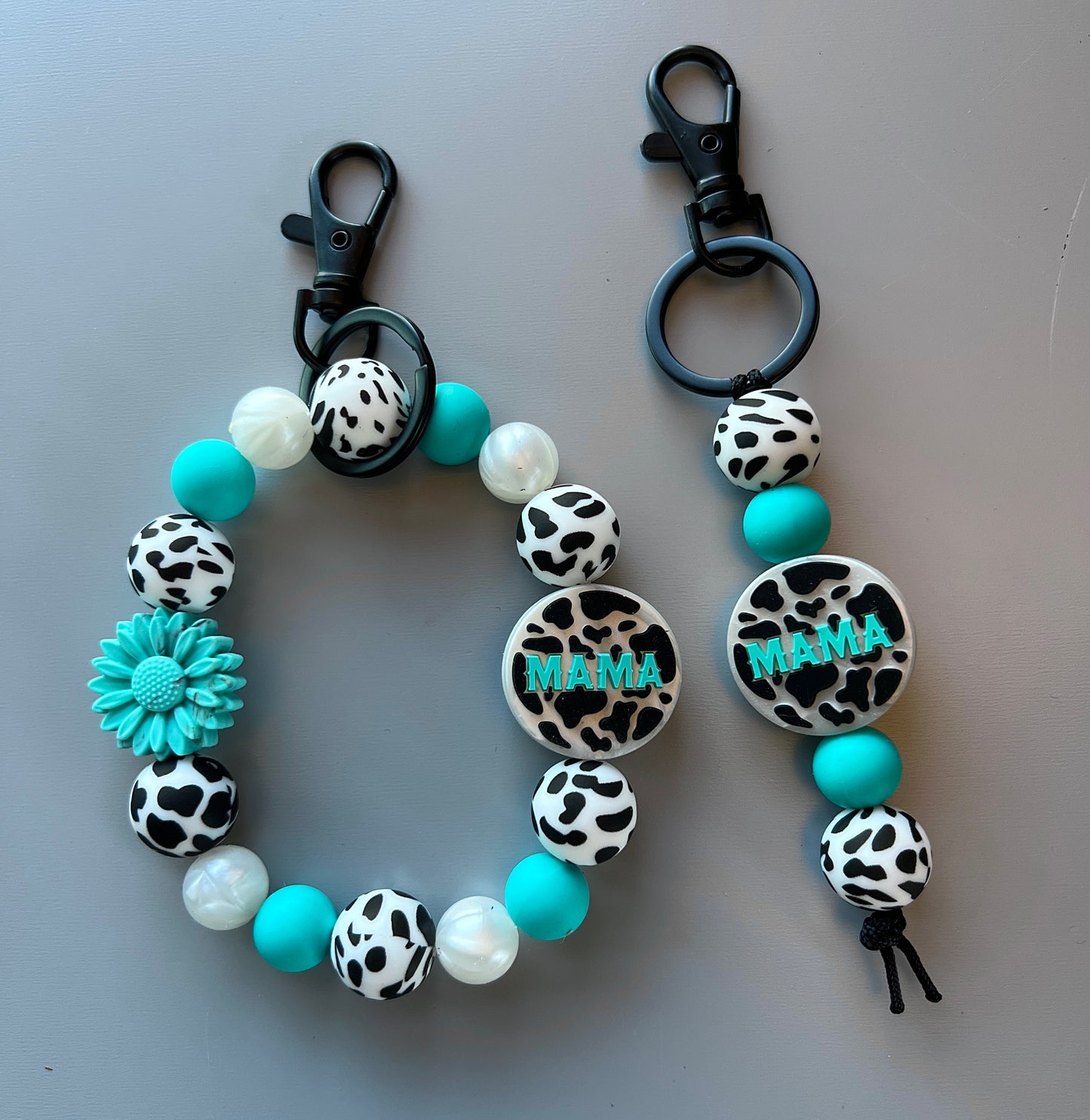 Pearl Turquoise Cow Print Mama Keychain Set