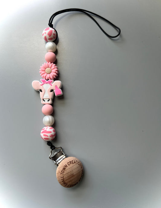 Pink Cow Print Flower Pacifier Holder