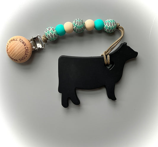Turquoise Aztec Black Cow Teether Clip