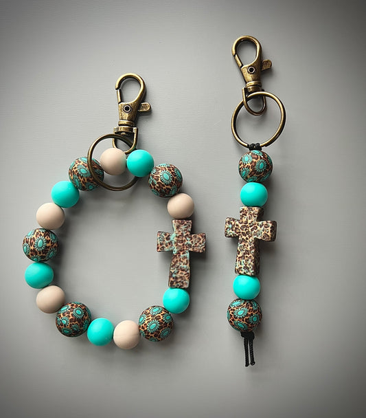 Cheetah Turquoise Concho Stone Cross Keychain Set